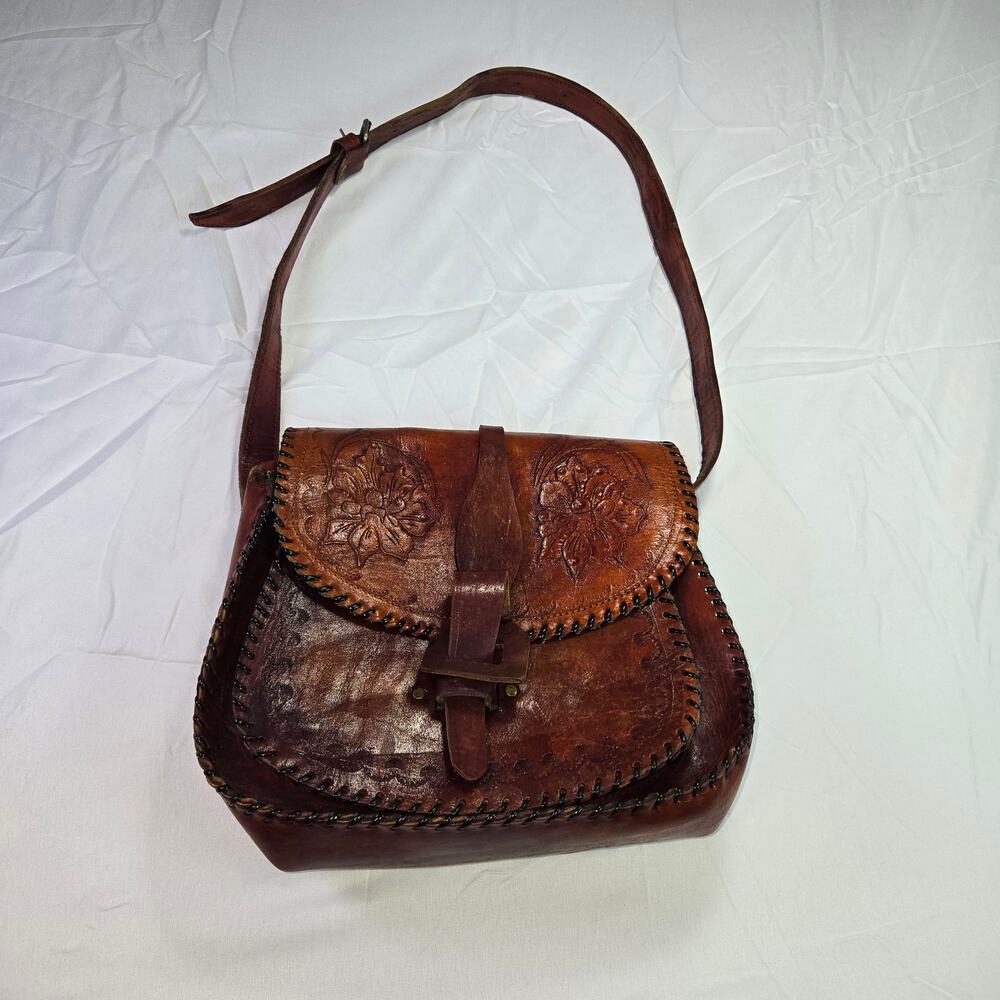VTG Y2K Bespoke Tooled Leather Shoulder Bag Boho Chic Retro 70s Hippie